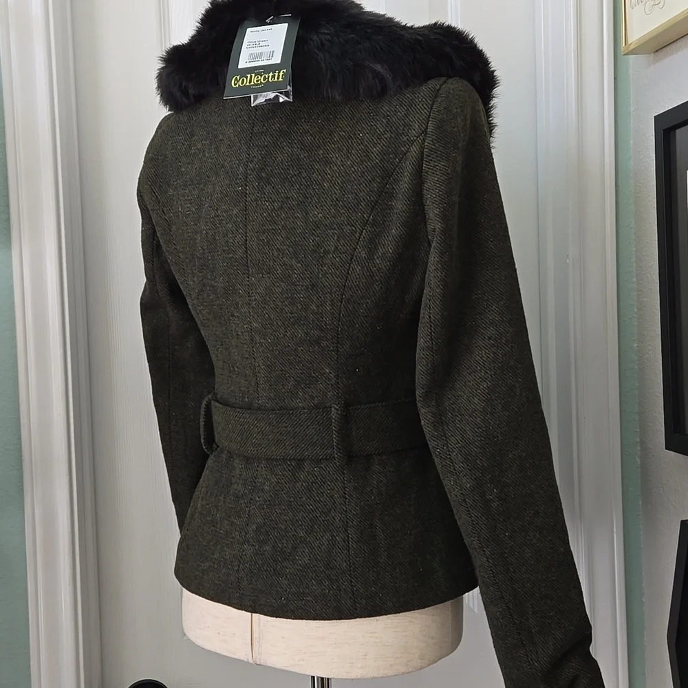 Collectif Molly Vintage Jacket W/ Fur Collar, In Olive Green, NWT - Picture 11 of 16